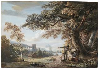 Paul Sandby, R.A. - Travellers Resting On A Country Road, A Castle And Harbour Beyond
