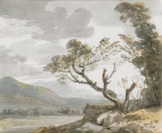 Paul Sandby, R.A. - View down a valley towards distant buildings, trees in the foreground