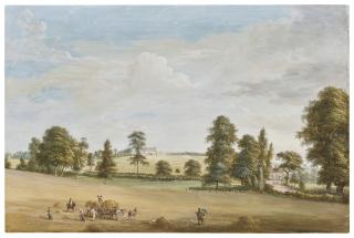 Paul Sandby, R.A. - View of Denton Lodge, Norfolk, the seat of Dr. Sandby, with haymakers and a wagon in the foreground and an artist (Paul Sandby?) sketching, the house with a carriage drawn up outside on rising ground beyond