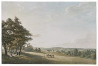 Paul Sandby, R.A. - View of Denton Lodge, Norfolk, the seat of Dr. Sandby, with members of the family studying an estate map under trees on the left, a milkmaid with cattle in the centre