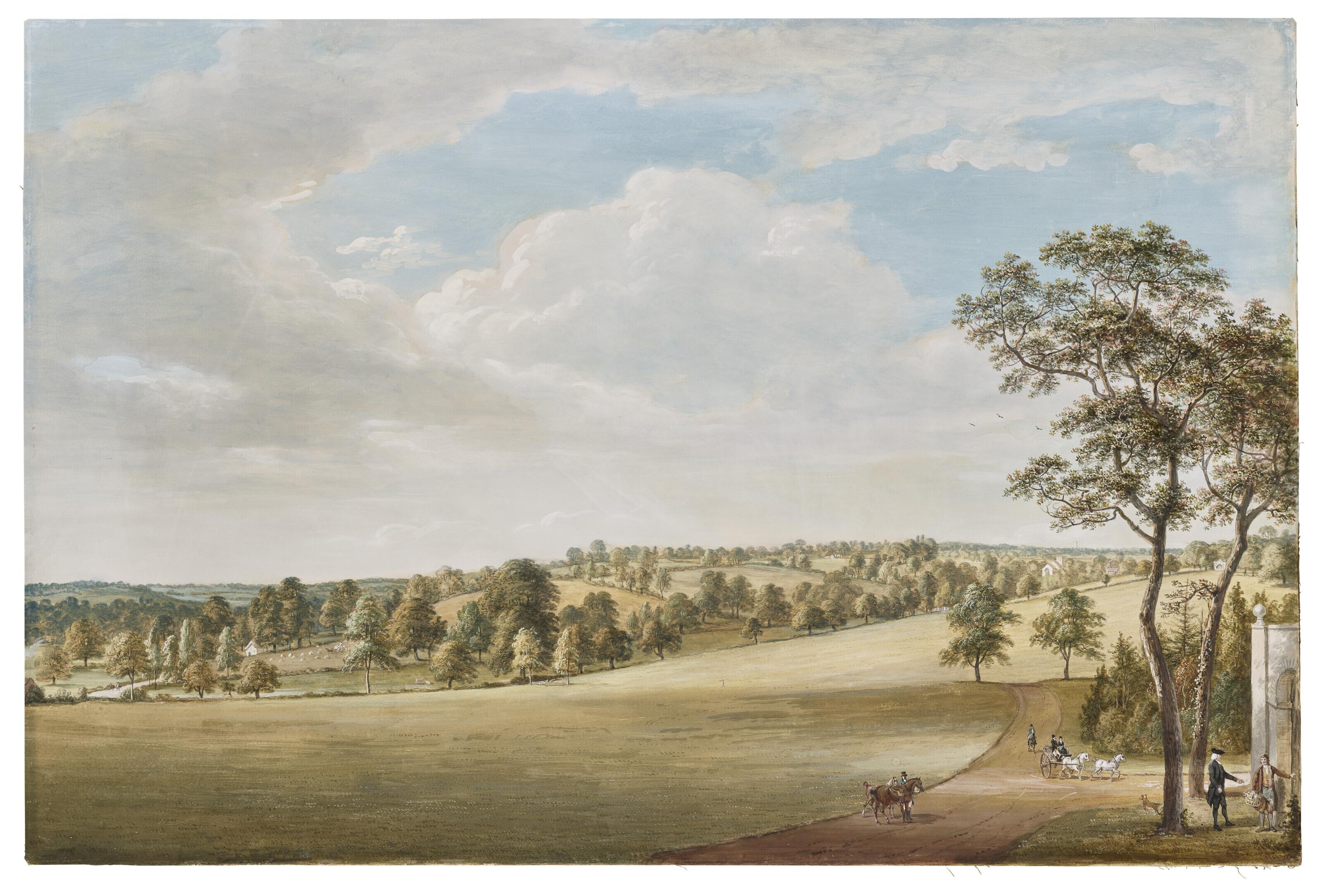 Paul Sandby, R.A. - View of the Park at Denton Lodge, Norfolk, the seat of Dr. Sandby, with Dr. Sandby talking to a gardener, horsemen and a carriage on the right