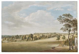 Paul Sandby, R.A. - View of the Park at Denton Lodge, Norfolk, the seat of Dr. Sandby, with Dr. Sandby talking to a gardener, horsemen and a carriage on the right