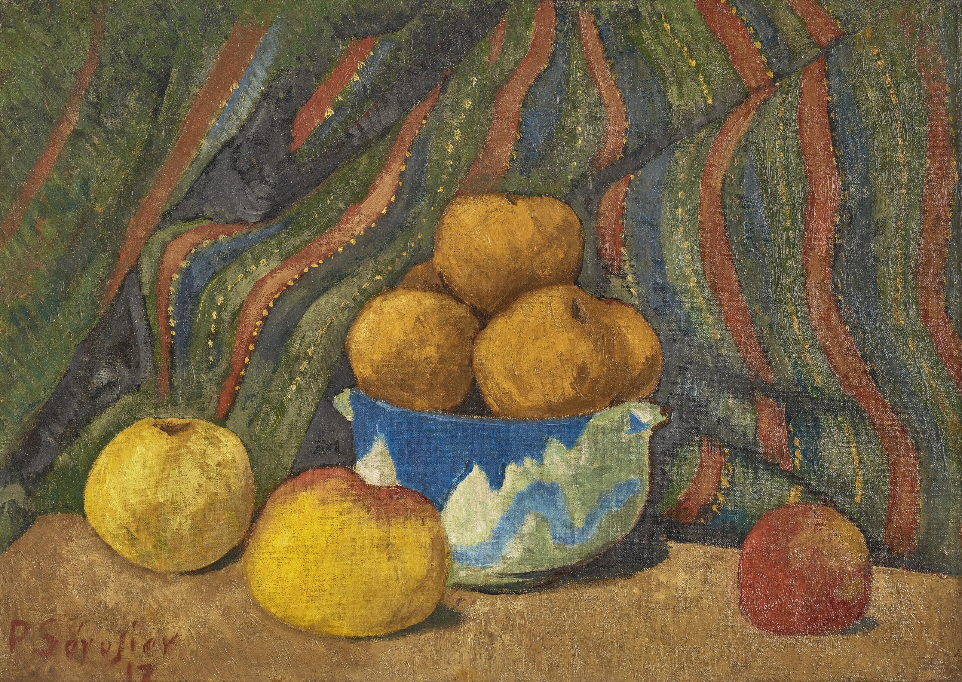 Paul Sérusier - Nature morte aux pommes, sur fond de tenture rayée