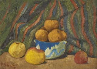 Paul Sérusier - Nature morte aux pommes, sur fond de tenture rayée