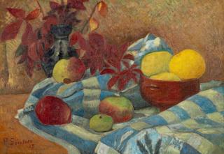 Paul Sérusier - Nature morte aux pommes sur nappe aux carreaux bleus et bouquet  feuillage d\'automne