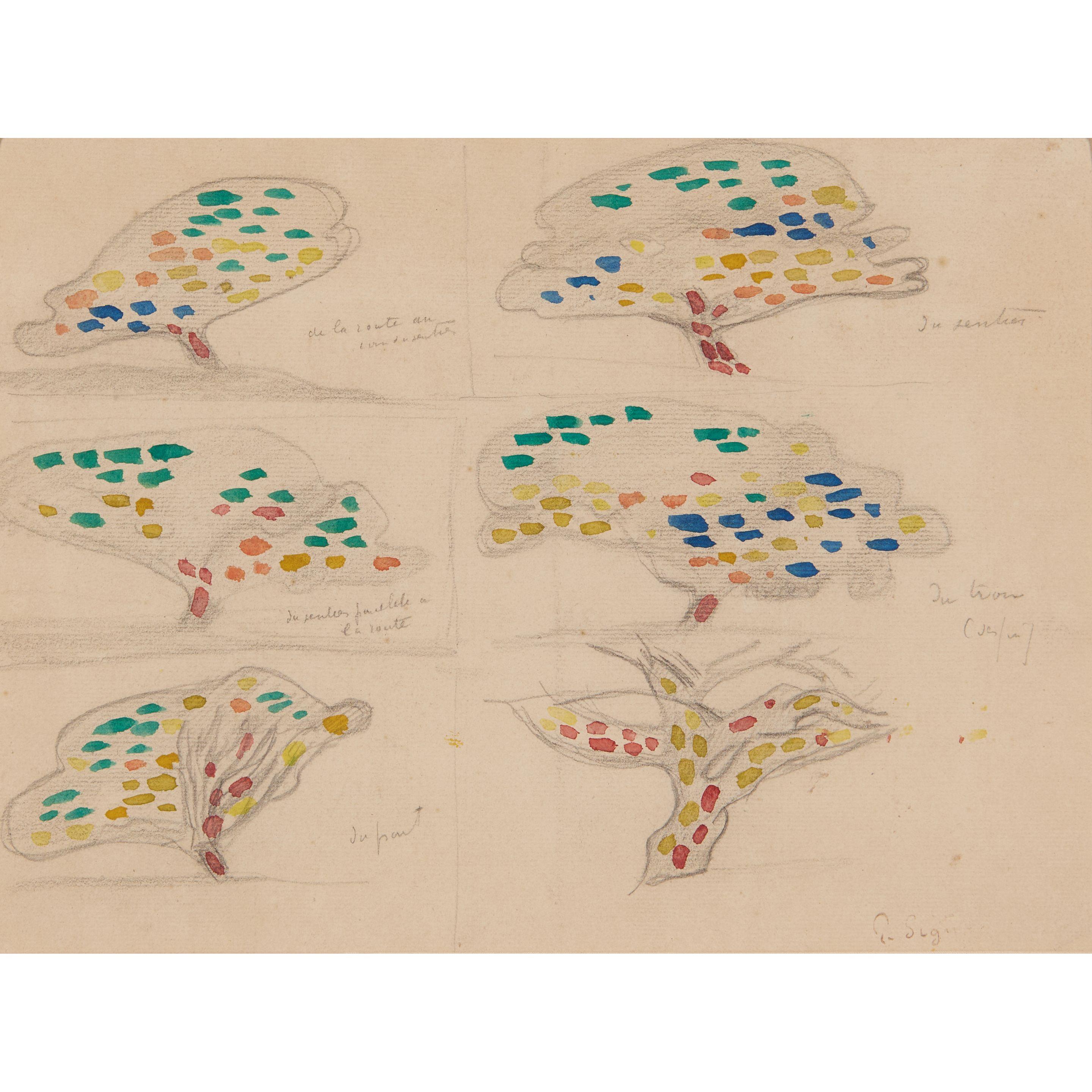 Paul Signac - Tree Study: Six Views on a Single Sheet sight size 8 3/4 x 11 7/7 in. (22.3 x 30.2 cm) framed 11 1/2 x 14 5/8 x 7/8 in.