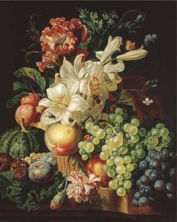 Paul-Theodor Van Brussel - Lilies, carnations and a poppy in a basket with grapes, plums, gooseberries, a melon and other fruit on a stone ledge