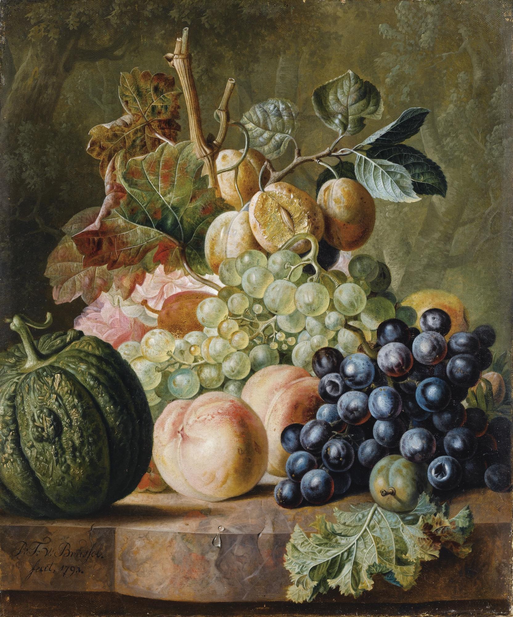 Paul Theodor Van Brussel - Nature Morte Aux Pêches, Raisins, Prunes Et Melon