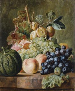 Paul Theodor Van Brussel - Nature Morte Aux Pêches, Raisins, Prunes Et Melon