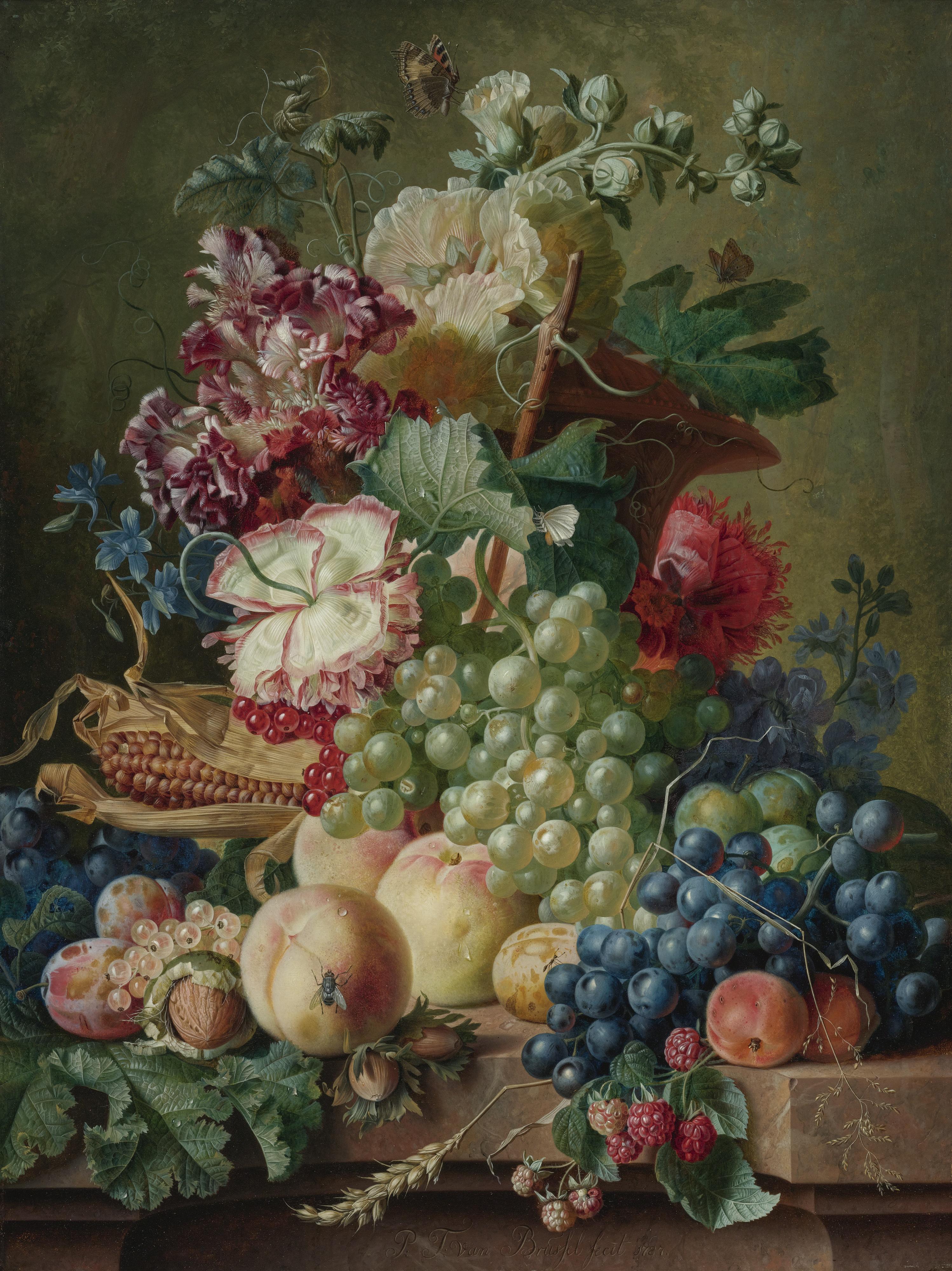 Paul Theodor Van Brussel - Still Life Of Flowers And Fruits On A Marble Ledge