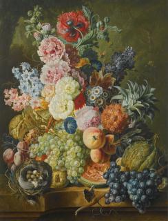 Paul Theodor Van Brussel - Still Life Of Fruits And Flowers Together With A Bird\'S Nest Arranged Upon A Stone Ledge