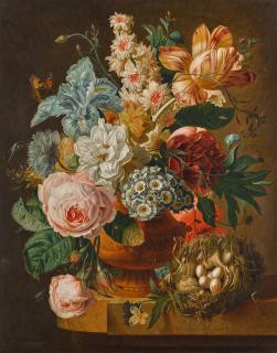 Paul Theodor Van Brussel - Still Life Of Roses, An Iris, A Tulip And Other Flowers In An Urn, On A Stone Ledge With A Butterfly And A Bird\'S Nest