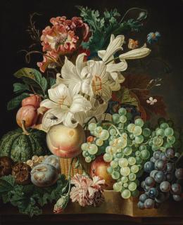 Paul Theodor Van Brussel - Still Life With Lilies, Carnations And A Poppy In A Wicker Basket, With Grapes, Medlars, Plums, Gooseberries And A Melon On The Marble Ledge Beneath