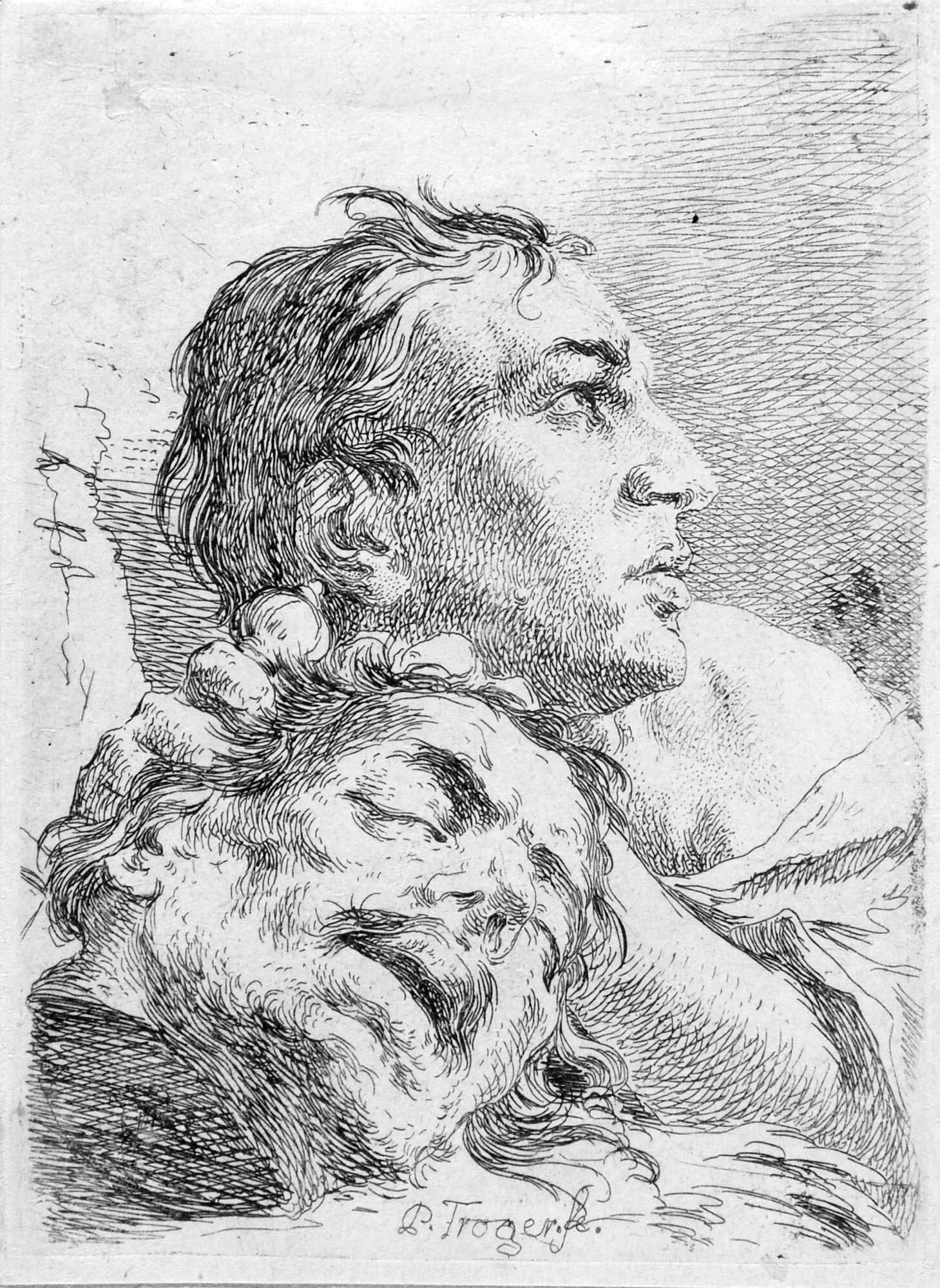 Paul Troger - Die Büste eines jungen Mannes, einen bärtigen Kopf haltend.