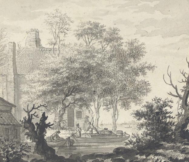 Paul van Liender - A landscape with boats in a canal and cottages by the shore