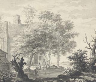 Paul van Liender - A landscape with boats in a canal and cottages by the shore