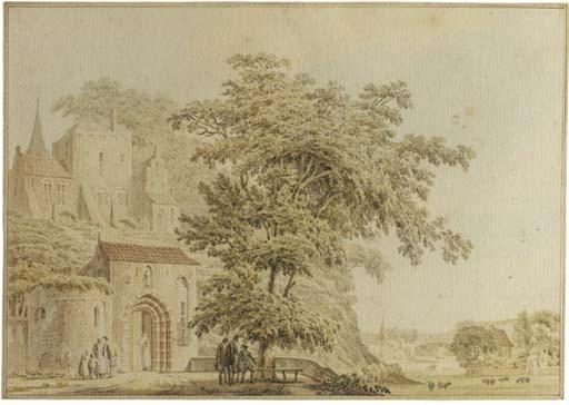Paul Van Liender - A tree by the gateway to a castle, an extensive landscape beyond