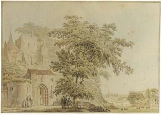 Paul Van Liender - A tree by the gateway to a castle, an extensive landscape beyond