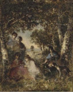 Paul Vernon - Figures and a Dog resting in a Pastoral Landscape