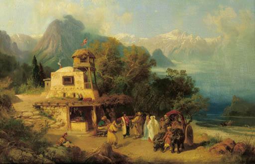Paul Von Franken - A mountainous landscape with oriental travellers by an inn