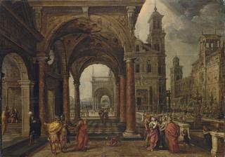 Paul Vredeman De Vries - A capriccio, with Daniel demanding justice for Susannah under an arched colonnade, a formal garden beyond