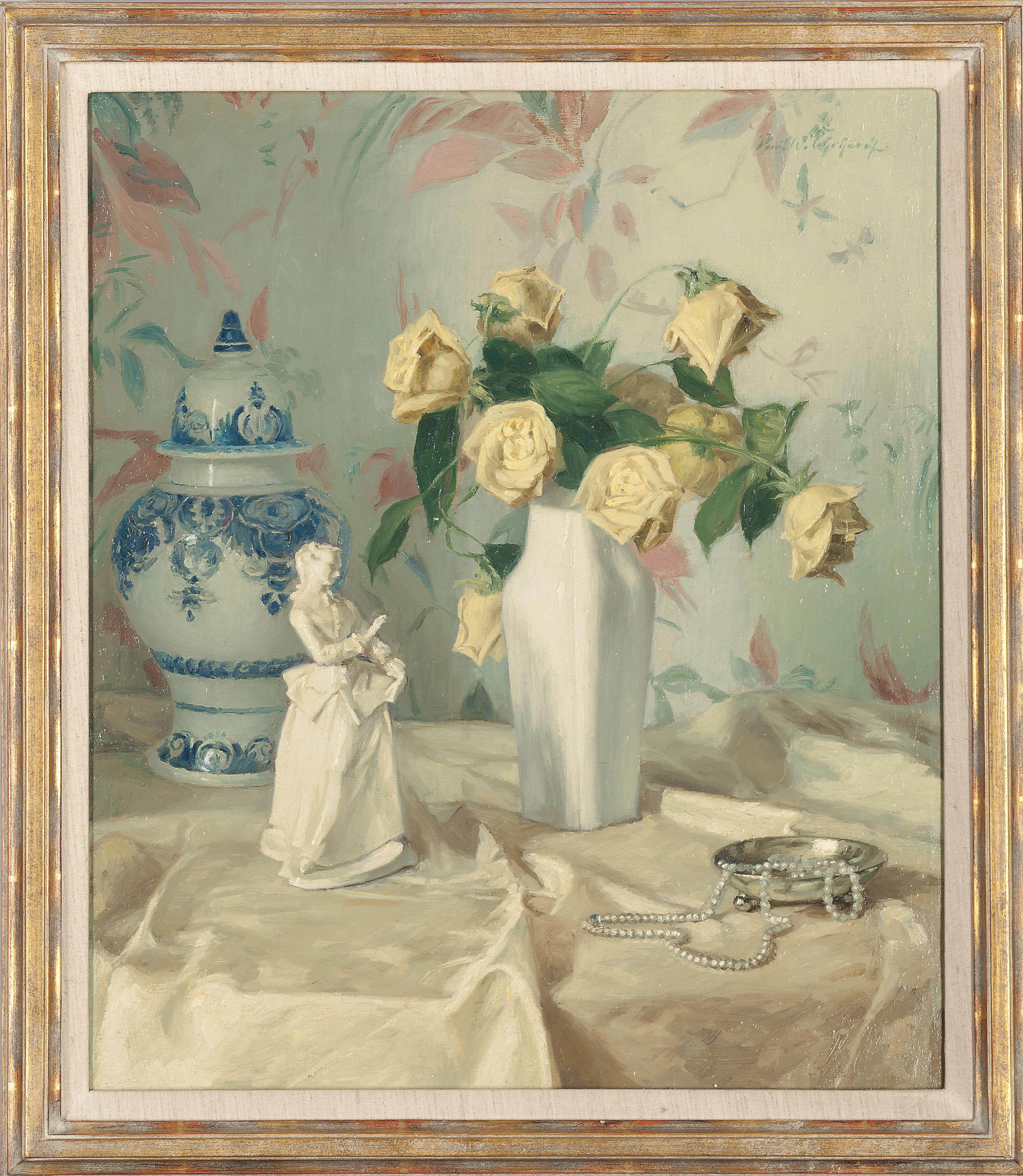 Paul Walter Ehrhardt - Yellow Roses With A White Figurine