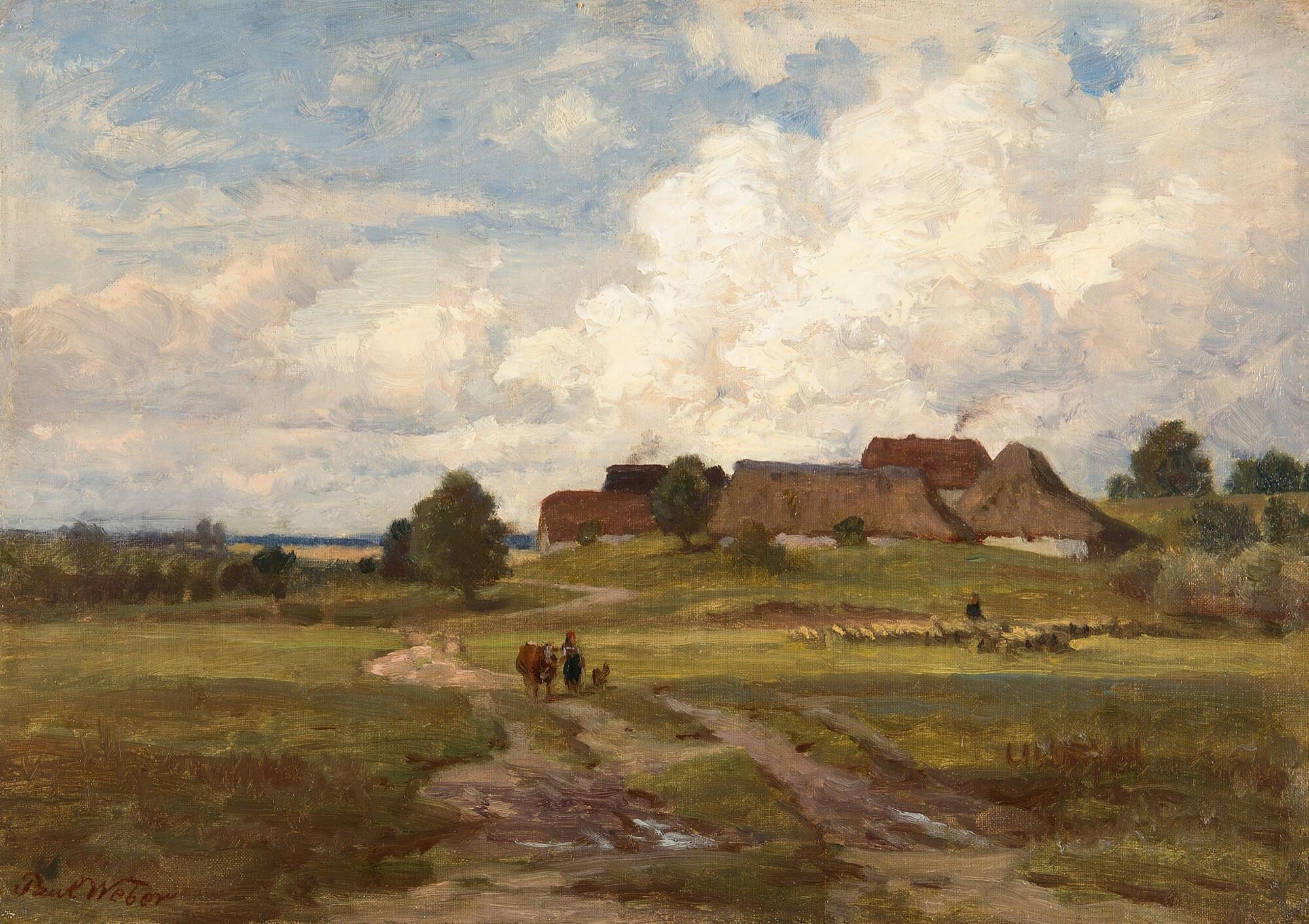 Paul Weber - Weite Landschaft mit reetgedeckten Bauernhäusern.