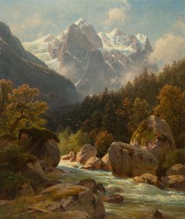 Paul Weber - Wildbach mit Blick auf ein Hochgebirgsmassiv.