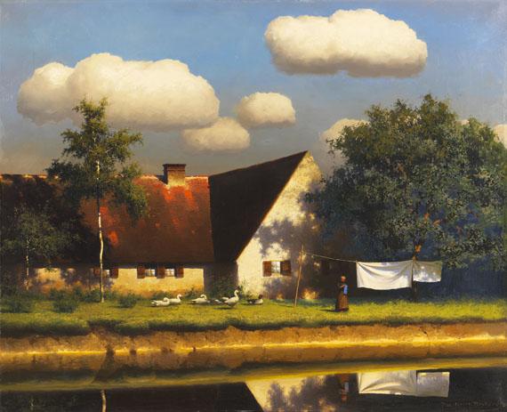 Paul Wilhelm Keller-Reutlingen - Strickende Gänseliesel hinterm Bauernhaus