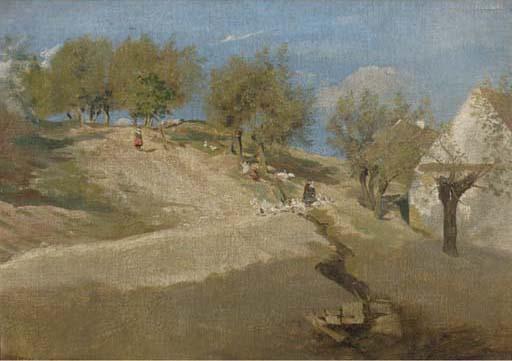 Paul Wilhelm Tübbecke - Am Brauberg im Hopfgarten: figures with geese on a sunlit hill
