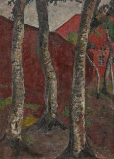 Paula Modersohn-Becker - Birkenstämme vor rotem Gehöft.