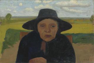 Paula Modersohn-Becker - Brustbild einer alten Bäuerin mit Hut vor Landschaft