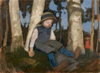 Paula Modersohn-Becker - Sitzender Junge mit Strohhut unter Birken