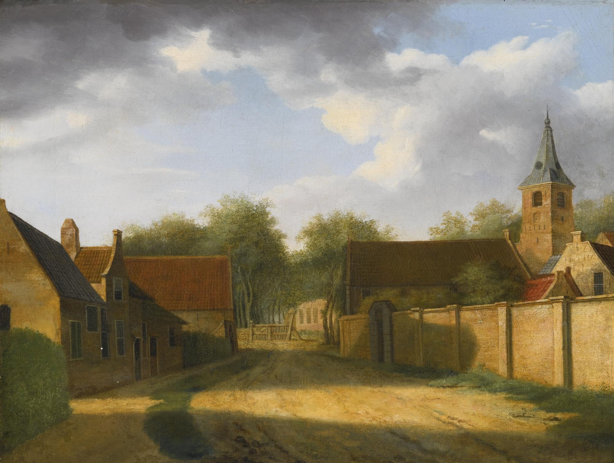 Paulus Constantijn La Fargue - A Street In Rijnsburg With The Abbey Tower And The Old Walls Of The Begijnhof