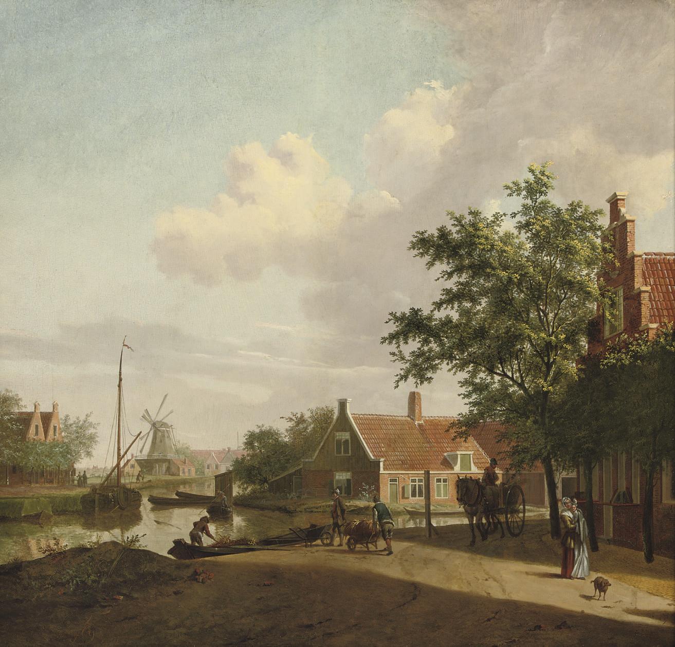 Paulus Constantijn La Fargue - A town with figures working and conversing along a river, a windmill beyond