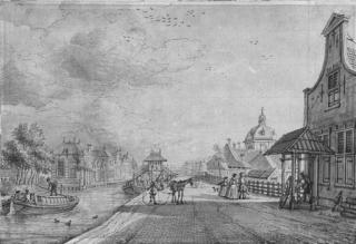 Paulus Constantijn La Fargue - A view of Leidschendam, seen from The Hague, with tow boats mooring near the sluices