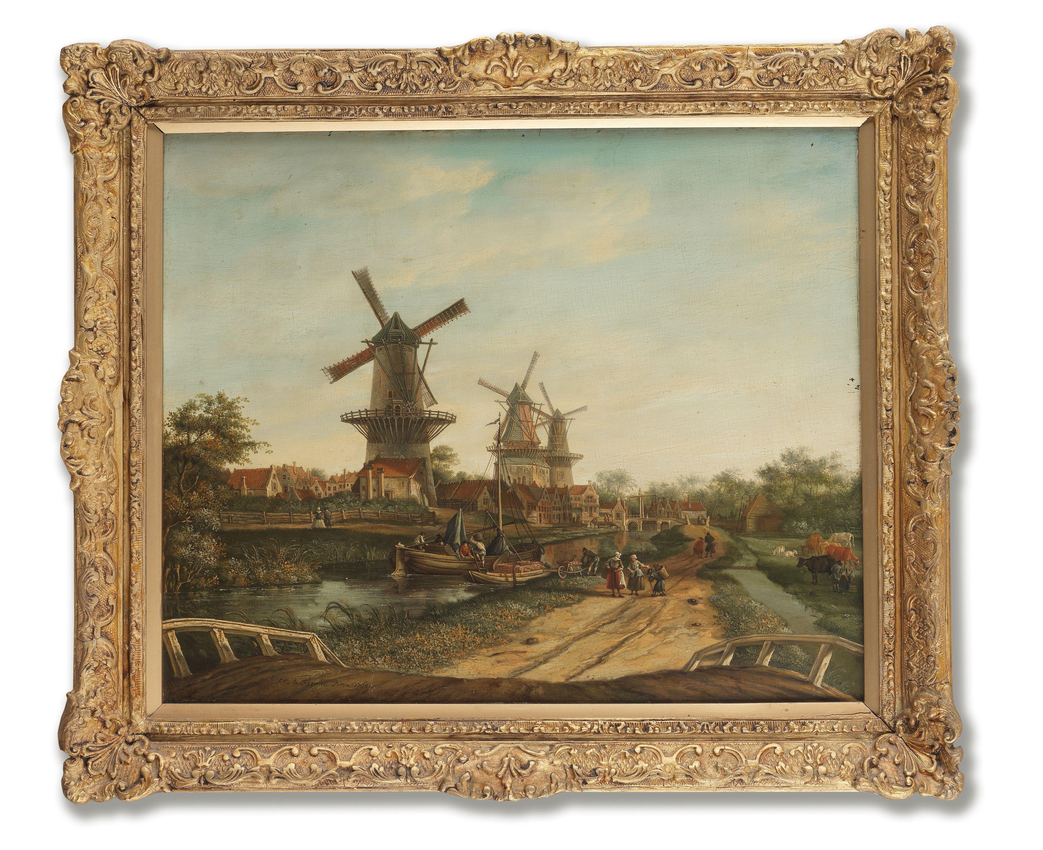 Paulus Constantijn La Fargue - Figures On A Path Before A Village With Three Windmills