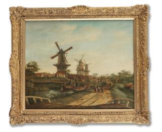 Paulus Constantijn La Fargue - Figures On A Path Before A Village With Three Windmills