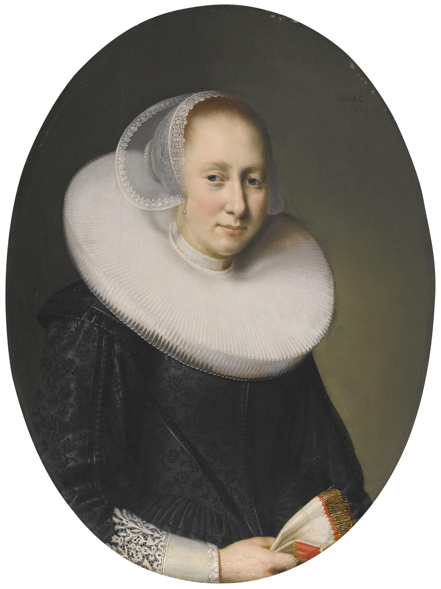 Paulus Lesire - Portrait Of A Lady At The Age Of Eighteen, Half-Length, Wearing A White Ruff And Holding A Pair Of Gloves With Red And Gold Trimmings
