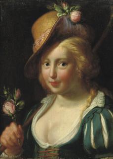 Paulus Moreelse - A young shepherdess holding a bunch of pink roses