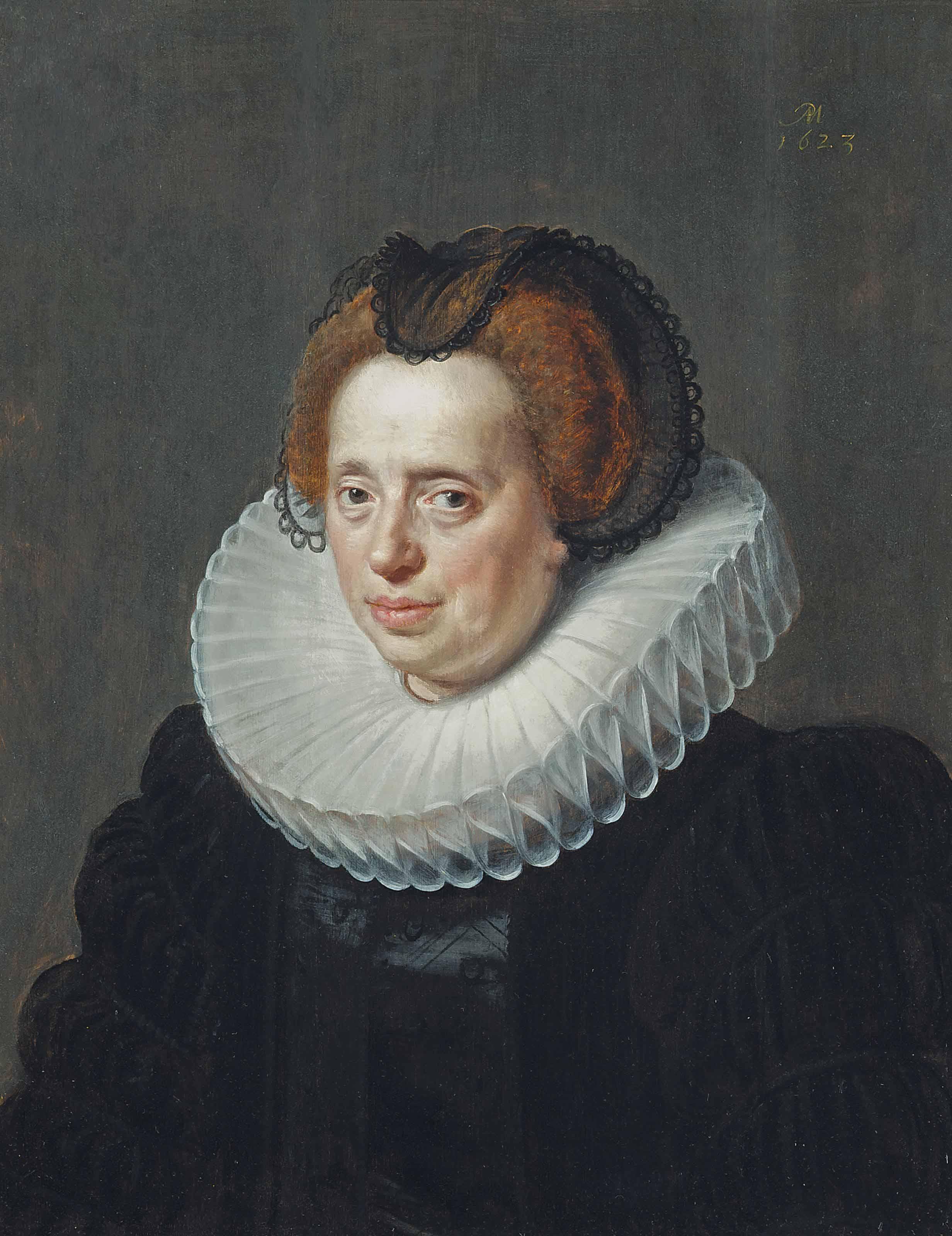 Paulus Moreelse - Portrait of a lady, bust-length, in a black embroidered dress and a ruff