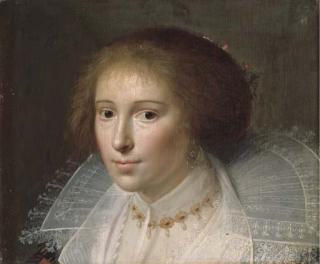 Paulus Moreelse - Portrait of a lady, bust-length, in a white dress with lace collar and a gold and pearl necklace