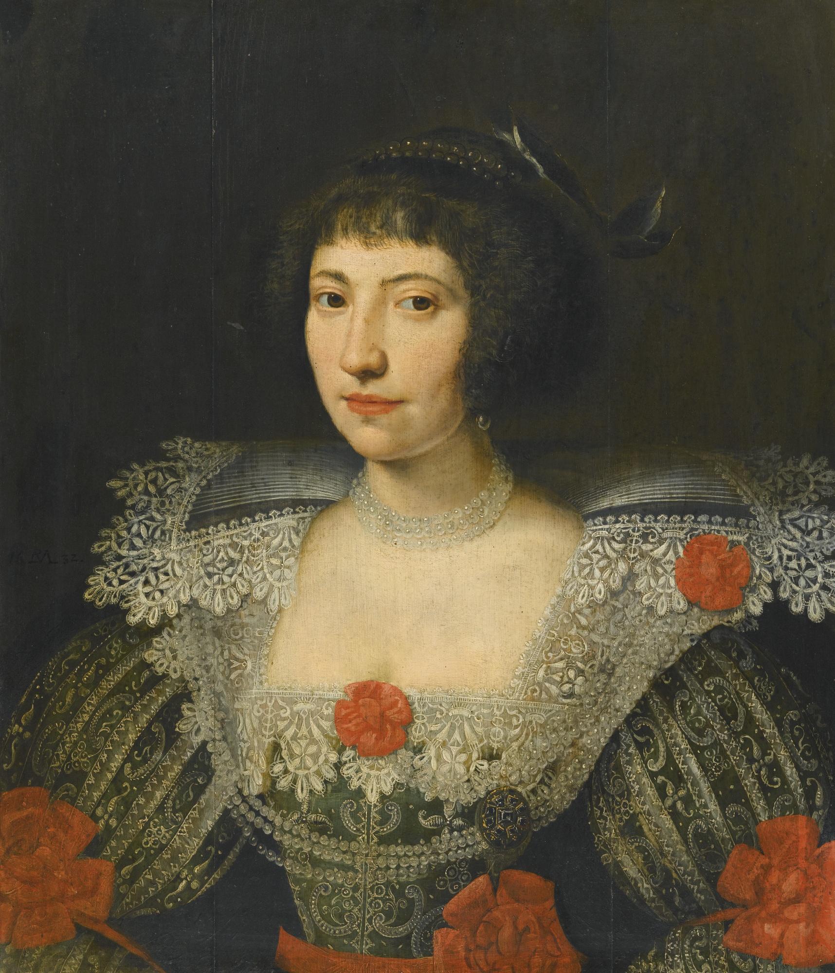 Paulus Moreelse - Portrait Of A Woman, Probably Bernardine Van Raesvelt (Née Van Den Bongaerdt), Head And Shoulders, In An Ornate Black Dress With Red Rosettes