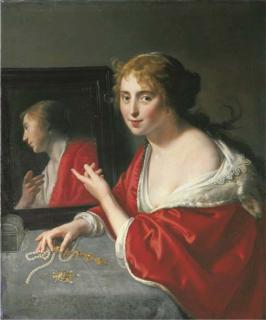 Paulus Moreelse - Vanitas: A young lady at a draped table before a black framed mirror