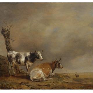 Paulus Pietersz. Potter - Two Cows And A Goat By A Pollarded Tree In A Landscape With Other Cows In The Distance