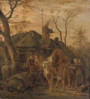 Paulus Potter - A tethered bull covering a cow in a farmyard
