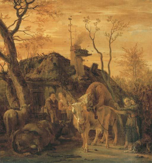 Paulus Potter - A tethered bull covering a cow in a farmyard