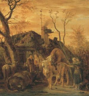 Paulus Potter - A tethered bull covering a cow in a farmyard