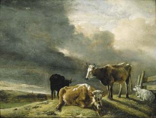 Paulus Potter - Cows and Sheep in a Meadow, a Farmstead beyond