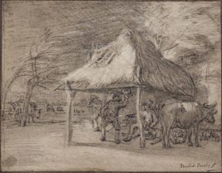 Paulus Potter - Herdsmen and their animals sheltering from a storm